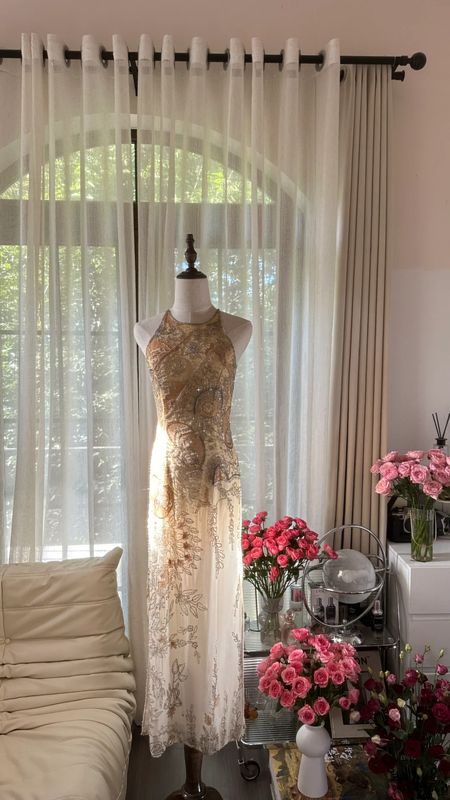 Light apricot halter neck, fitted waist, backless, sexy rhinestone long ball gown R7760