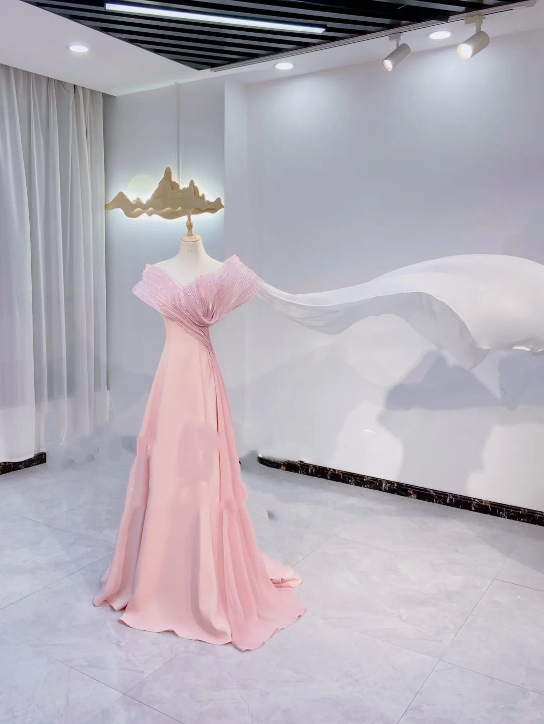 Light Pink Waist-Cinched Fitted Long Elegant Evening Dress, Fairy Gown, Romantic Gown gh7388