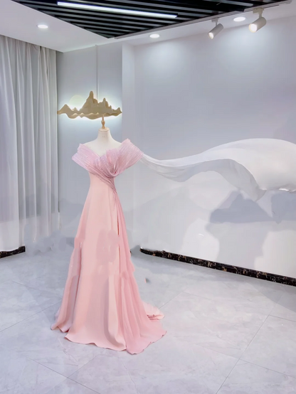 Light Pink Waist-Cinched Fitted Long Elegant Evening Dress, Fairy Gown, Romantic Gown gh7388