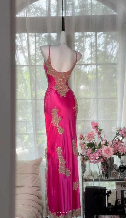 Pretty Hot Pink Spaghetti Straps V Neck Satin Lace Appliques Slit Long Prom Dress Birthday Party Gown