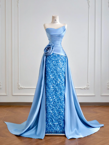 Light blue strapless, fitted, elegant long ball gown R8199