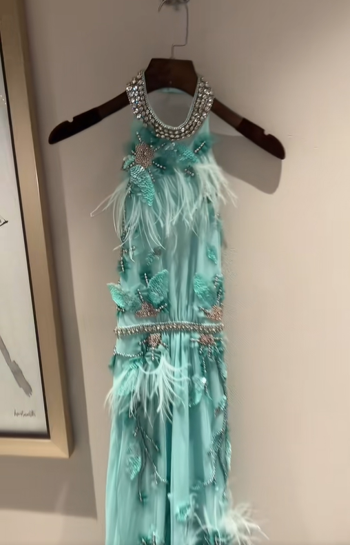 Stylish Green Halter Beaded Floral Feathers Mermaid Evening Dress Long Birthday Outfits SP843