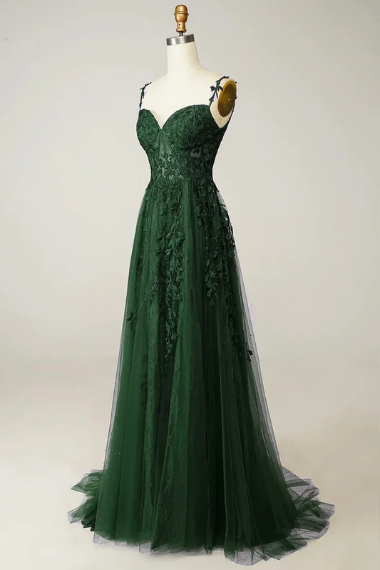 Dark Green Tulle with Lace Beaded Straps Prom Dress,Green Long Formal Dress Party Dress Y6111