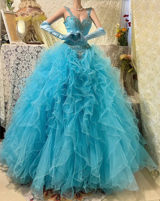 Elegant Blue Tulle Beaded Ruffles Long Ball Gown Formal Birthday Quinceanera Dress With Gloves