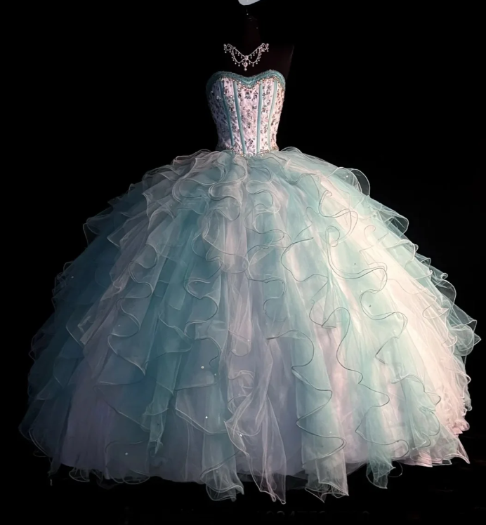 Chic Strapless Tulle Layered Ruffle Beaded Ball Gown Sweet 16 Dress Formal Birthday Quinceanera Dress