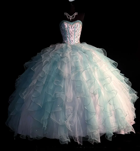 Chic Strapless Tulle Layered Ruffle Beaded Ball Gown Sweet 16 Dress Formal Birthday Quinceanera Dress