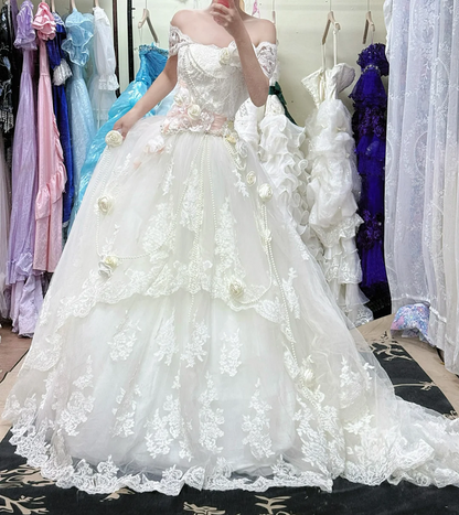 White off-the-shoulder fitted waist elegant classic ball gown, bridal dress R7246