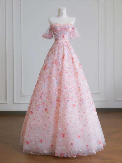 Light pink floral sequined off-the-shoulder fitted waist ball gown/bridal dress R8234