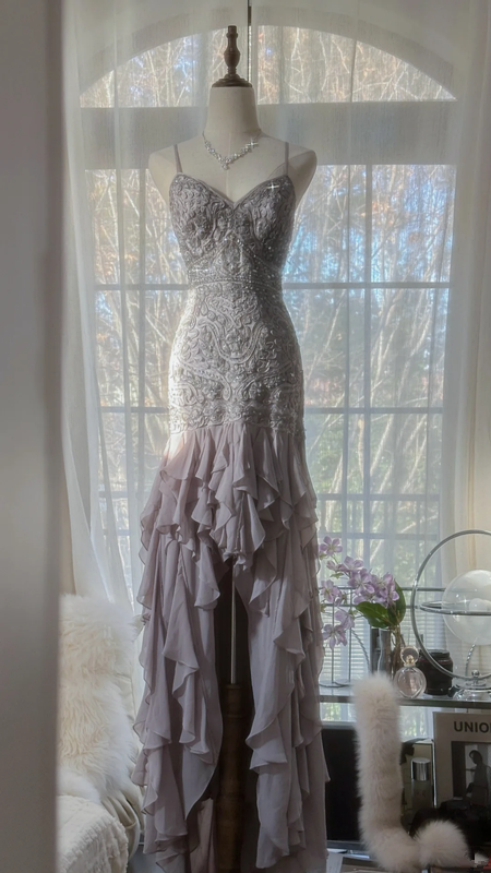 Light gray-purple halter-neck fitted waist slim hip body elegant long ball gown R7689