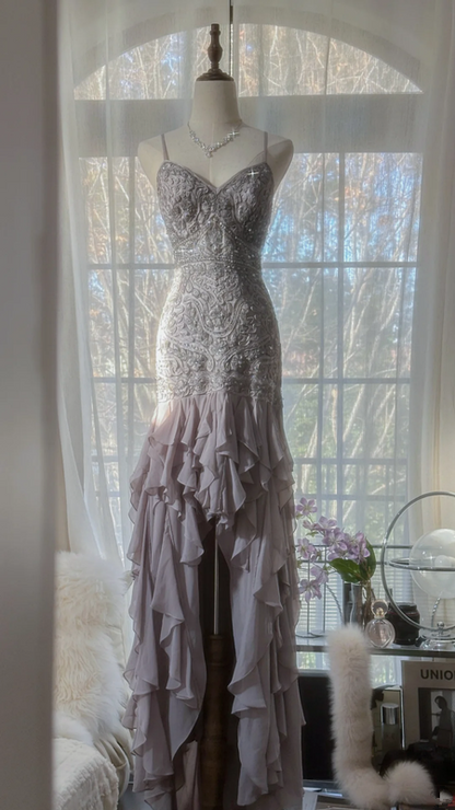 Light gray-purple halter-neck fitted waist slim hip body elegant long ball gown R7689