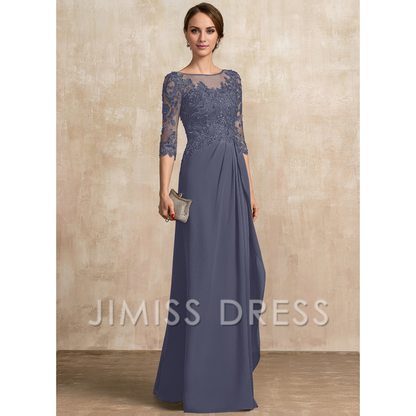A-shaped Scoop Illusion floor mopping chiffon lace ribbon bead sequins layered ruffles mother of the bride dress