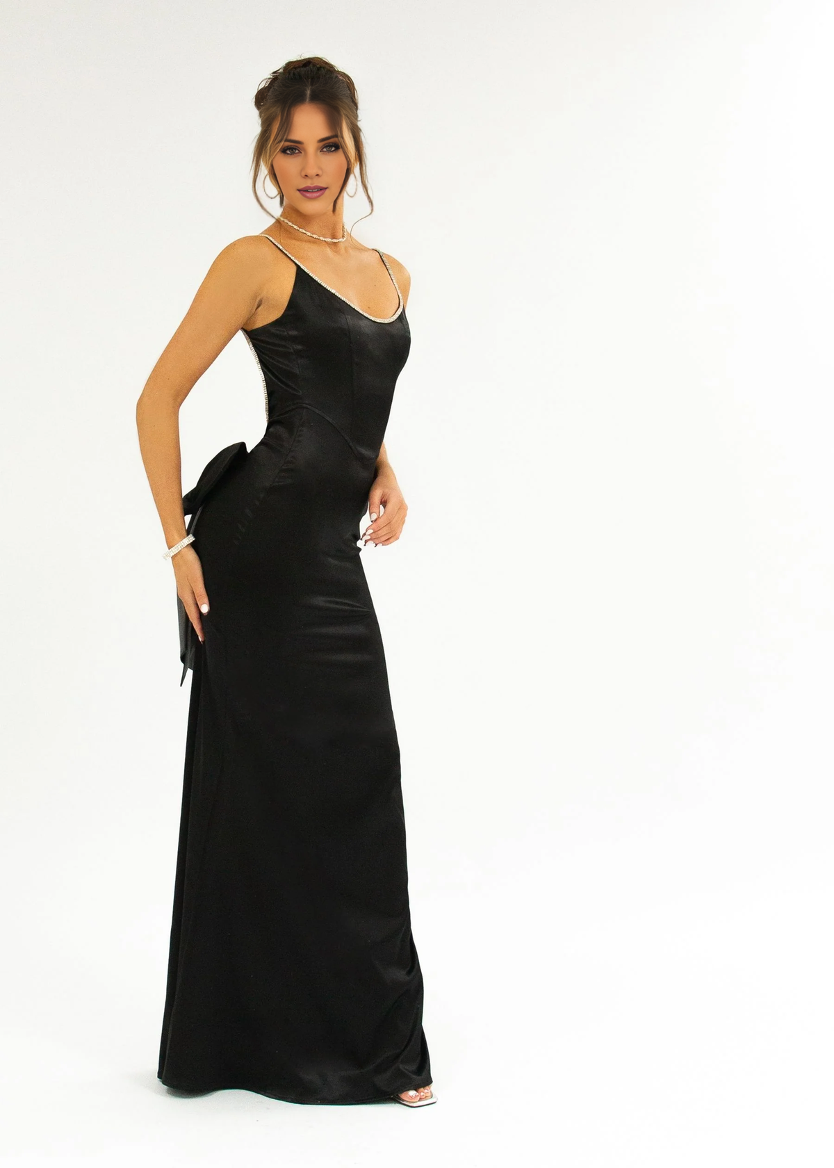 thin shoulder strap satin backless bow details Prom dress