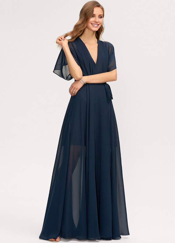 A-line V-neck floor-length chiffon bridesmaid dress