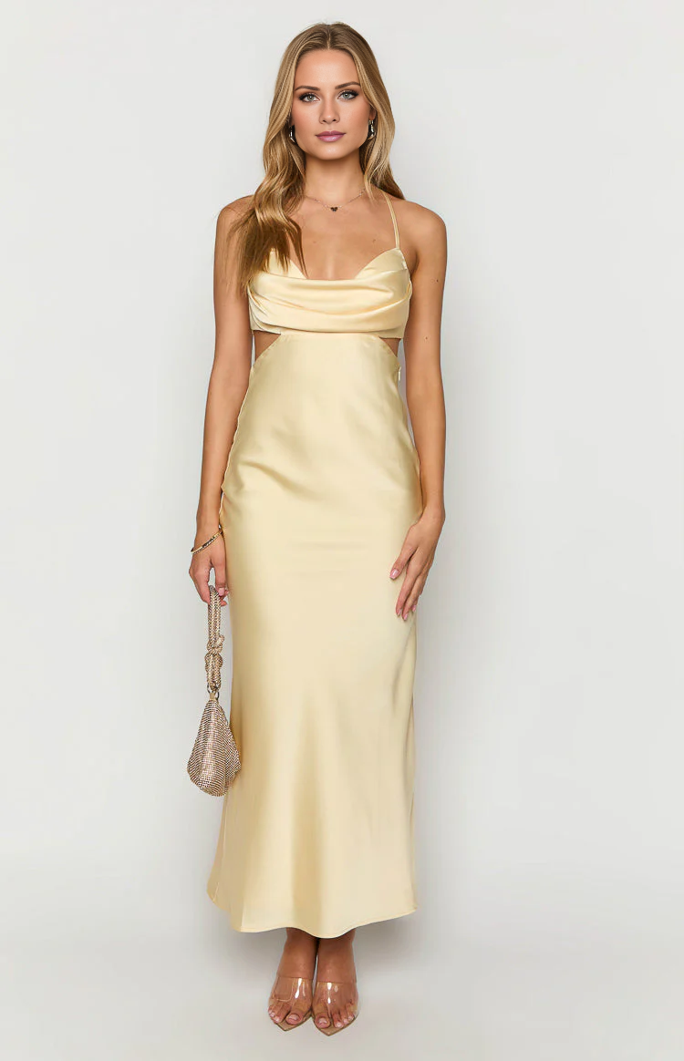 collar neckline thin shoulder strap backless satin long Prom dress