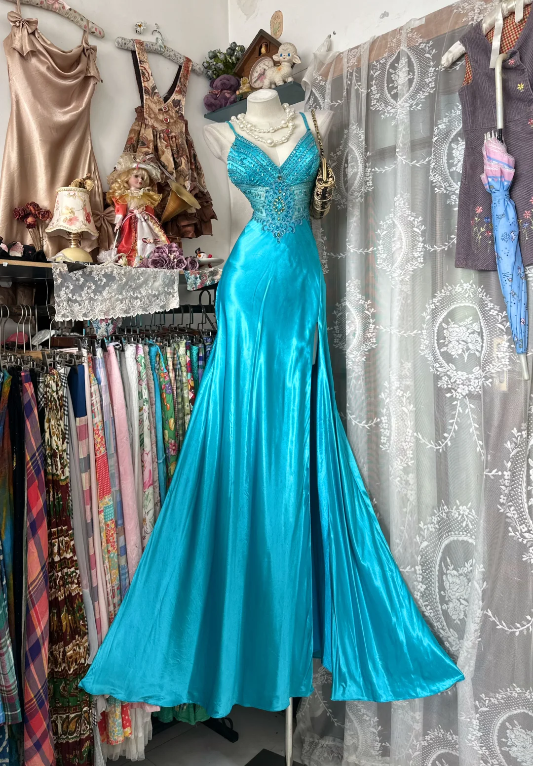 Lake Blue Spaghetti Strap Waist-Tight Slim Elegant Long Prom Dress, Evening Gown gh7197