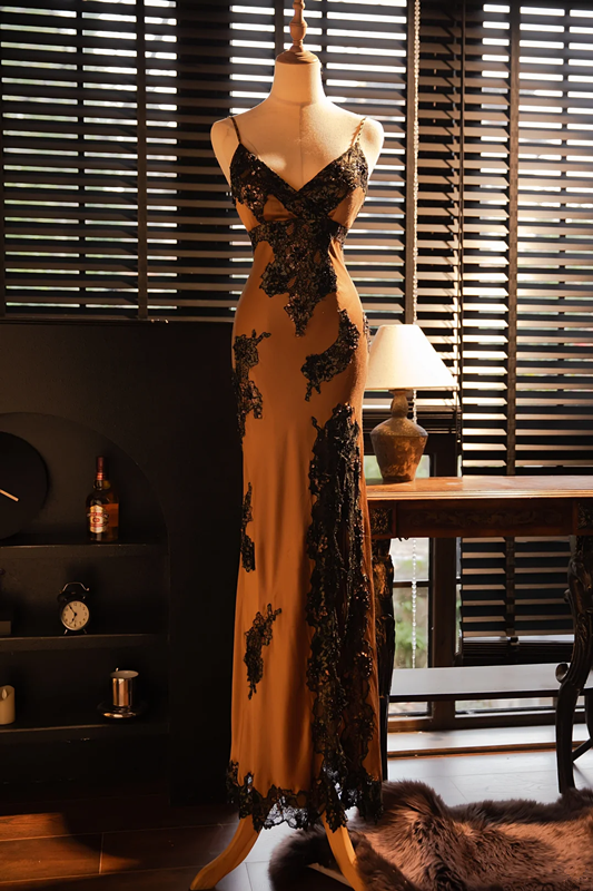 Light brownish-yellow halter-neck fitted waist bodycon sexy long ball gown R7729