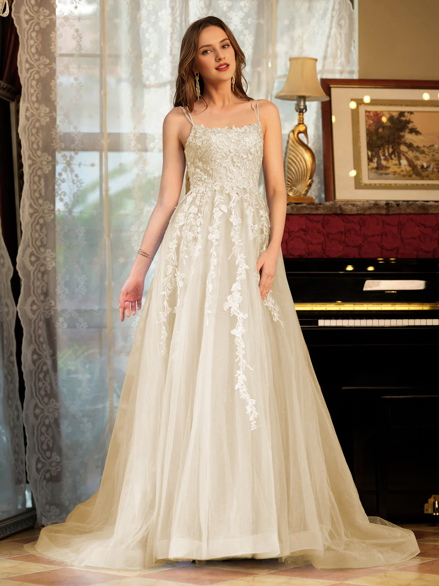 A-line princess chiffon thin shoulder strap embroidered long ball dress