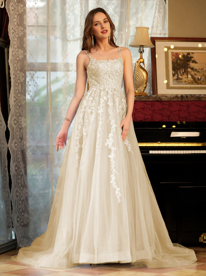 A-line princess chiffon thin shoulder strap embroidered long ball dress