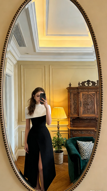 Black and white sophisticated fitted long ball gown R8586