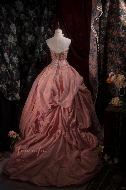 Gorgeous Pink Spaghetti Strap Beaded Floral Ball Gown TP5795