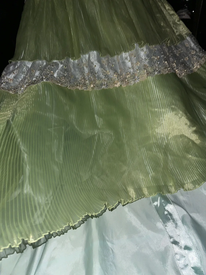 Glamorous Lime Green Satin Spaghetti Strap Beaded Evening Gown TP5356
