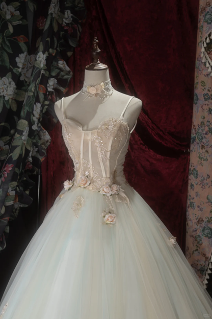 Gorgeous Mint Green Spaghetti Strap 3D Floral Appliques Ball Gown TP5792