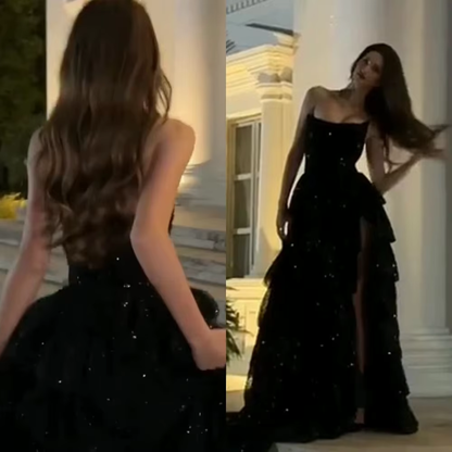 Modest Ball Gown Strapless Black Sequin Floor Length Slit Prom Dresses Evening Gowns C2530