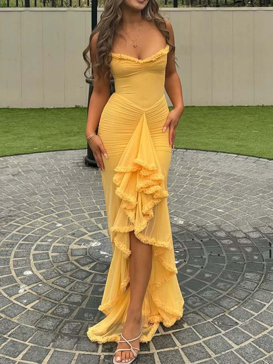 Gorgeous Ruched Evening Gown Spaghetti Strap Ruffle Formal Dress TP5775