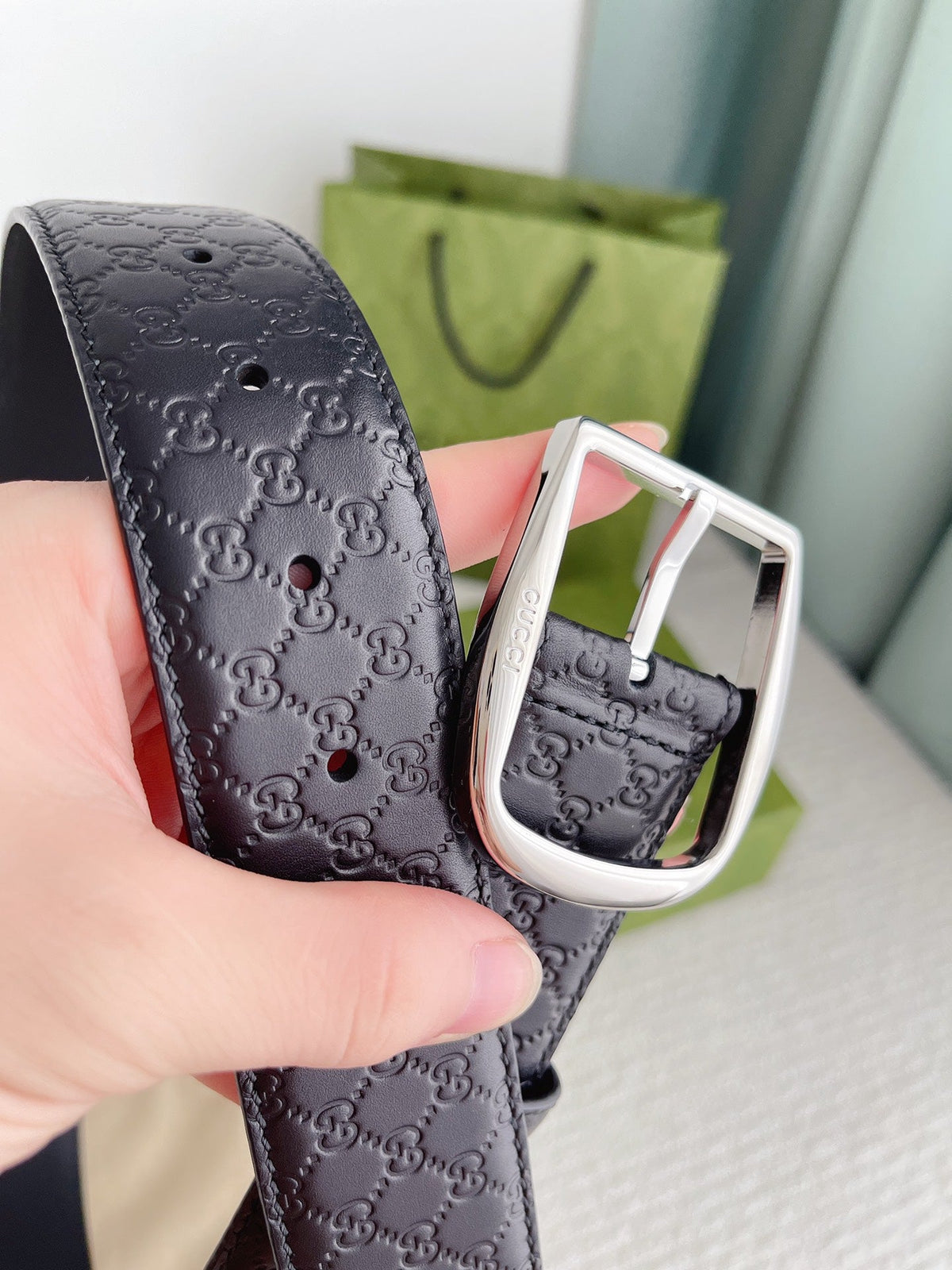 GUCCI CALFSKIN MONOGRAM BLACK BELT SILVER METAL 4CM