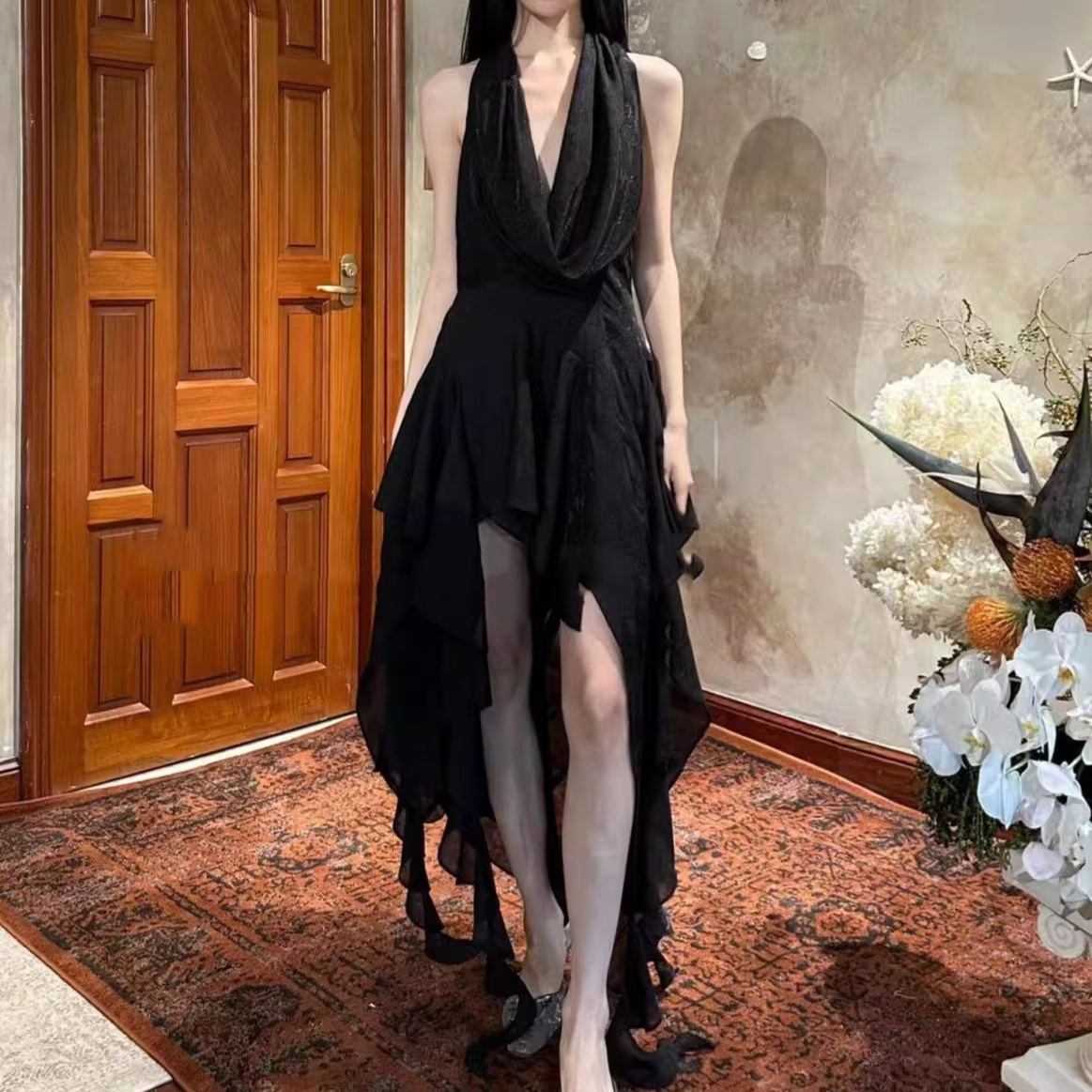 Romantic Halter Neck Draped Asymmetrical Ruffled Prom Dress TP5706
