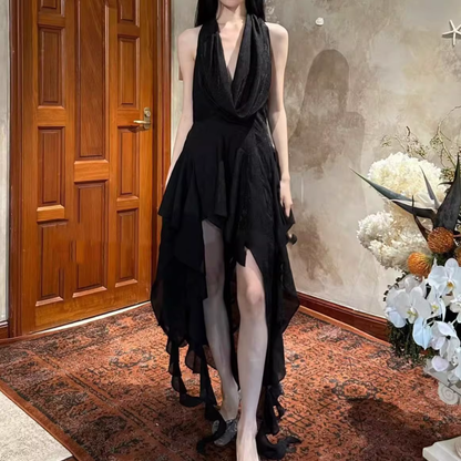 Romantic Halter Neck Draped Asymmetrical Ruffled Prom Dress TP5706