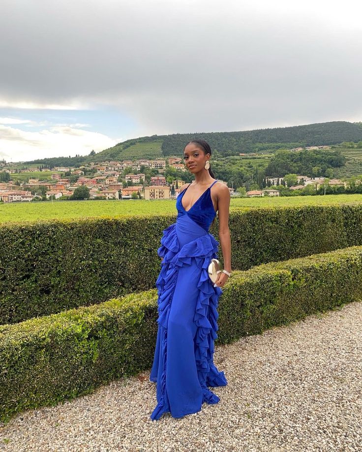 Blue v-neck low-cut hem ruffled slim long chiffon ball gown evening dress party dress gh3037