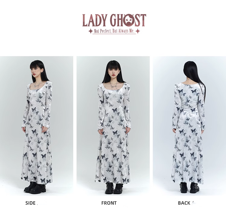 New Fashion Butterfly Pattern Design Sense White Long-sleeved Dress TP2929