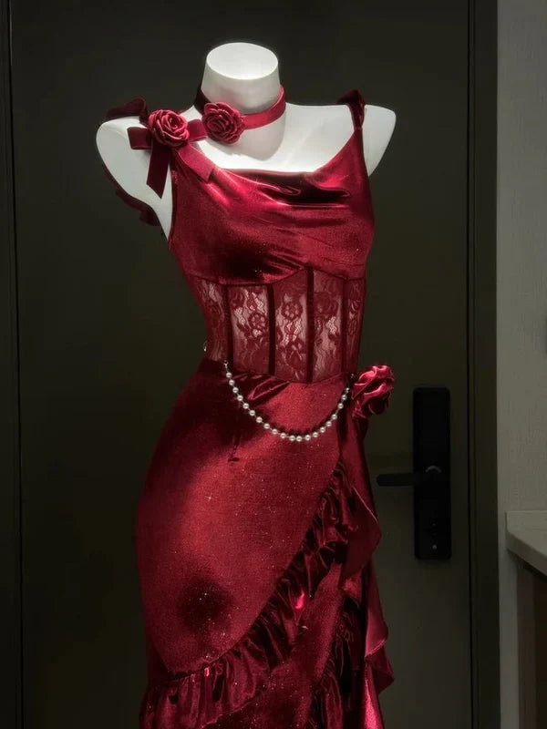 Girlhomeshops--Burgundy Sexy Bodycon Halter Multi-layered Satin Slit Prom Dress Party Dress gh5450