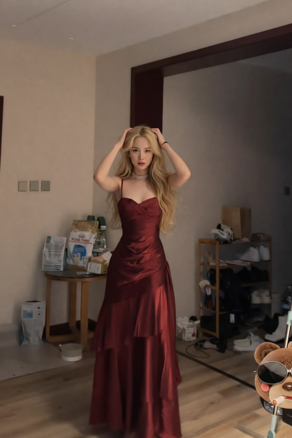 Vintage Burgundy Satin Spaghetti Strap Tiered Evening Gown TP5854