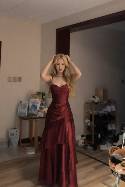 Vintage Burgundy Satin Spaghetti Strap Tiered Evening Gown TP5854