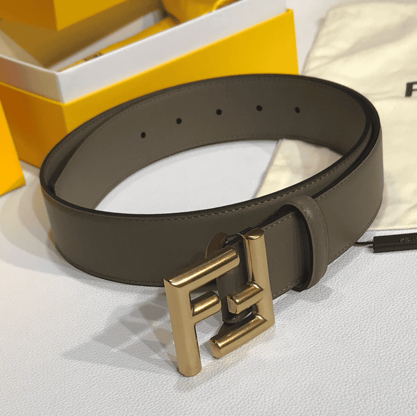 FENDI GREY LEATHER BELT WITH FENDI GOLD BUCKLE 40MM