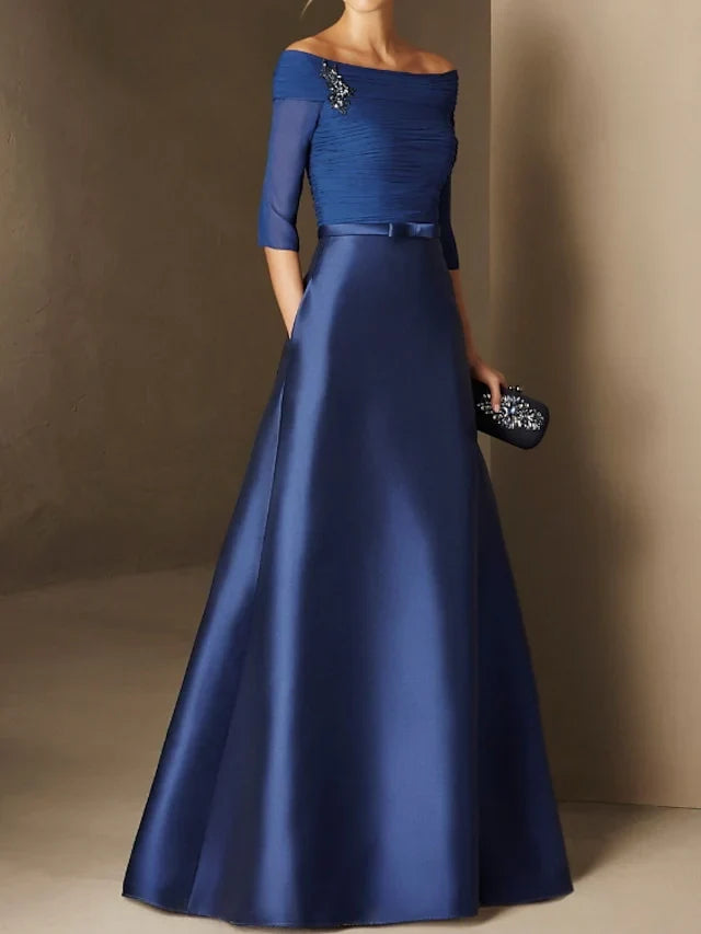 A-line/Princess Off Shoulder Short Sleeve Waistband Applique Mother of the bride dress