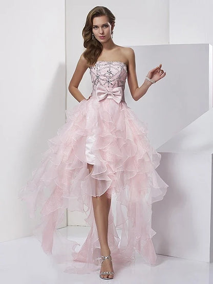 A-Line/Princess Strapless Sleeveless Beading High Low Organza Floor-Length Homecoming Dresses