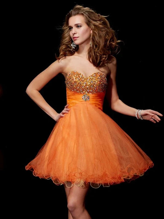 A-Line Princess Strapless Sleeveless Beading Short Organza Homecoming Dresses