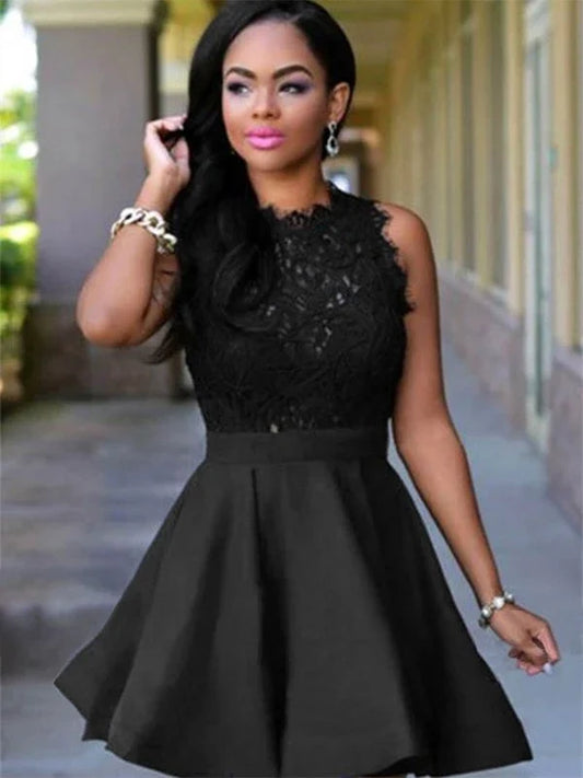 A-Line Sleeveless Jewel Cut Short With Lace Satin Black Homecoming Dresses