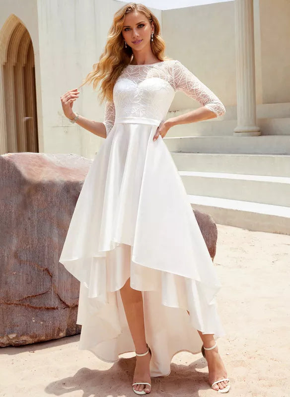 A-line Scoop Asymmetrical Satin Lace With Sequins Wedding Dress
