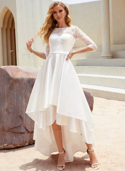 A-line Scoop Asymmetrical Satin Lace With Sequins Wedding Dress
