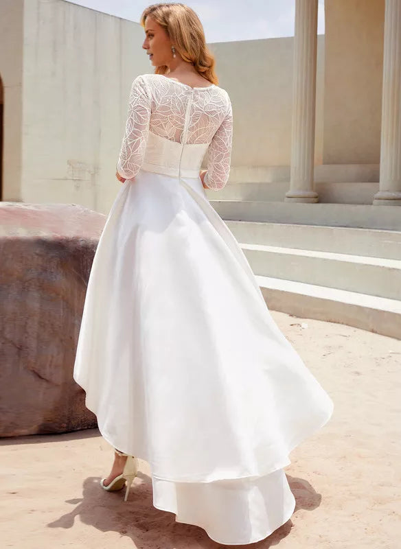 A-line Scoop Asymmetrical Satin Lace With Sequins Wedding Dress