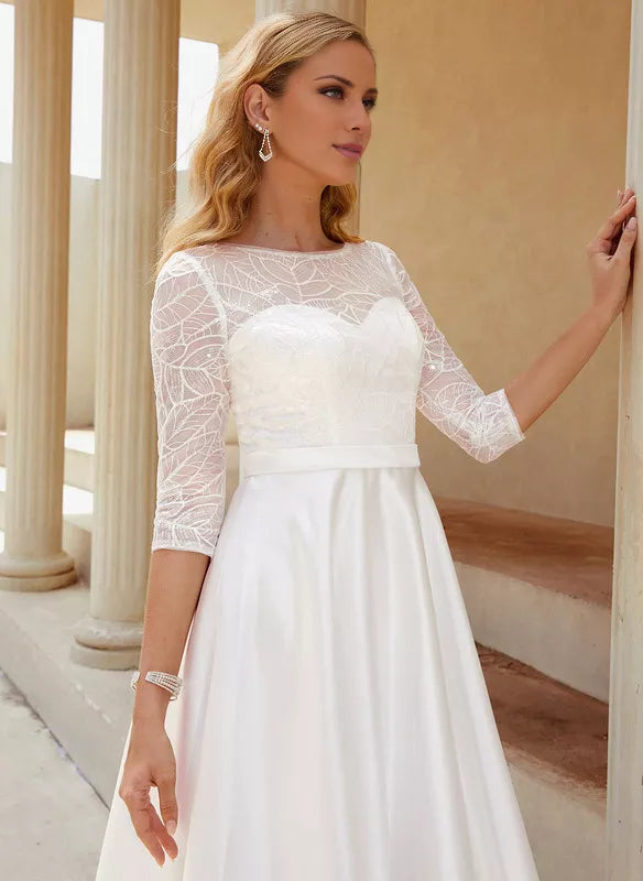 A-line Scoop Asymmetrical Satin Lace With Sequins Wedding Dress