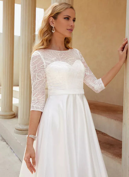 A-line Scoop Asymmetrical Satin Lace With Sequins Wedding Dress