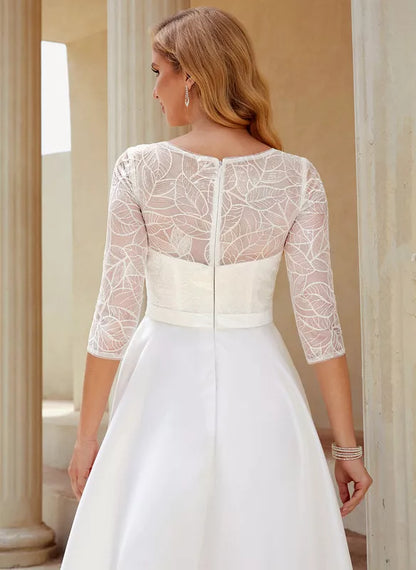 A-line Scoop Asymmetrical Satin Lace With Sequins Wedding Dress
