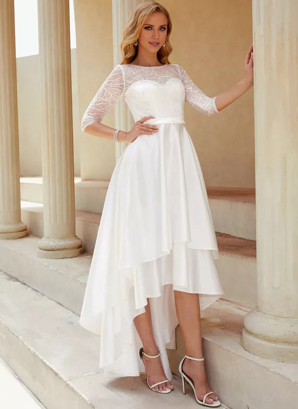 A-line Scoop Asymmetrical Satin Lace With Sequins Wedding Dress