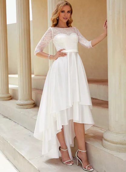 A-line Scoop Asymmetrical Satin Lace With Sequins Wedding Dress