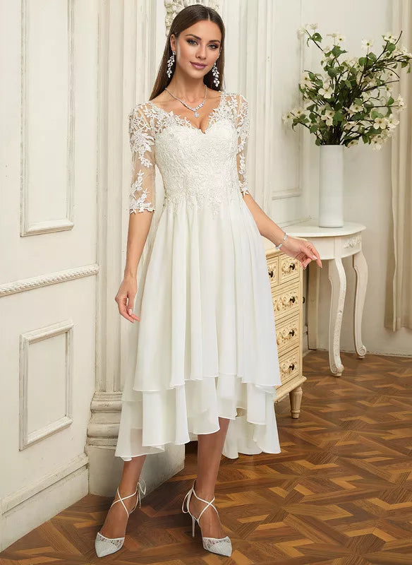 A-line V-Neck Asymmetrical Lace Chiffon With Ruffle Wedding Dress